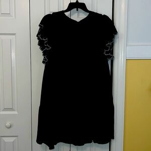 NWT Who What Wear Jet Black Dress, White Embroidery Accent in Sleeves, Size XXL